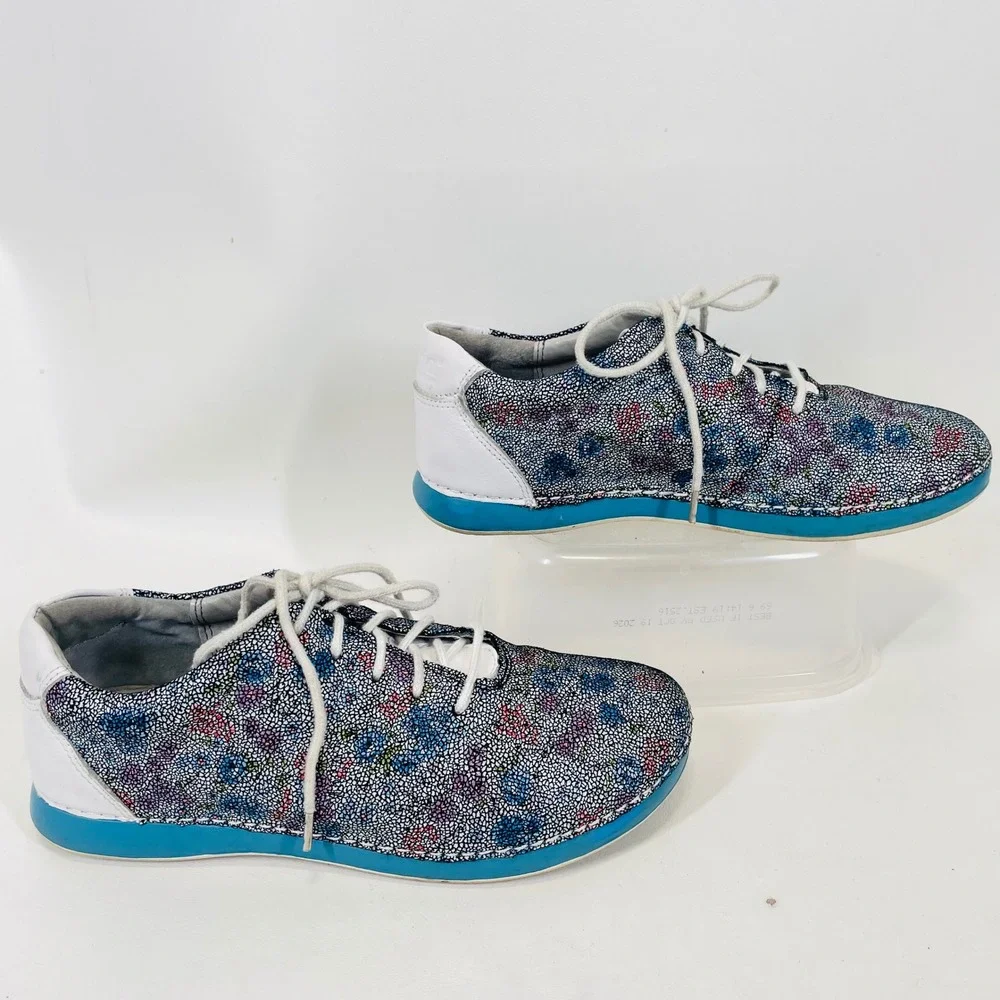 Alegria Essence ESS-132 Blue Floral Pebbled Leather Walking Sneakers Womens 38